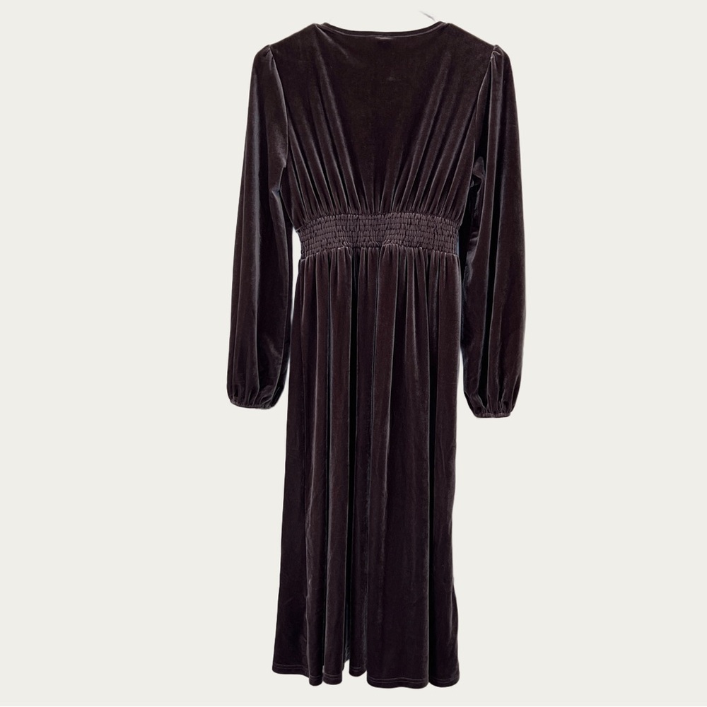 SHEIN Deep Brown Velvet Long Sleeve Women’s XS Dress Empire Waist V Neck - Picture 2 of 16